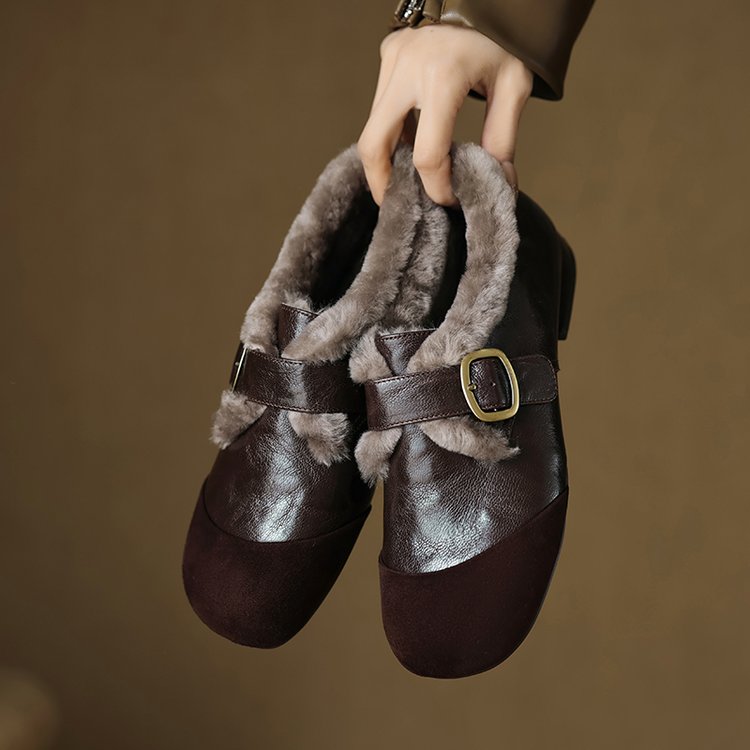 Women's French Fashion Vintage Flat Leather Shoes, 2025 New Arrival, Thickened Deep Vamp Pumps For Autumn & Winter, Comfort Casual Cotton Shoes