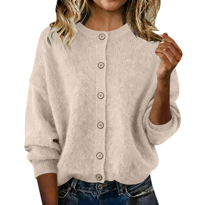 2025 European And American Cross-Border Autumn And Winter Women's Knitted Round Neck Long-Sleeved Pure Color Casual Fashion Knitted Cardigan