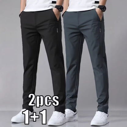 Mens Casual Straight-leg Long Pants With Quick-drying Elastic Waistband
