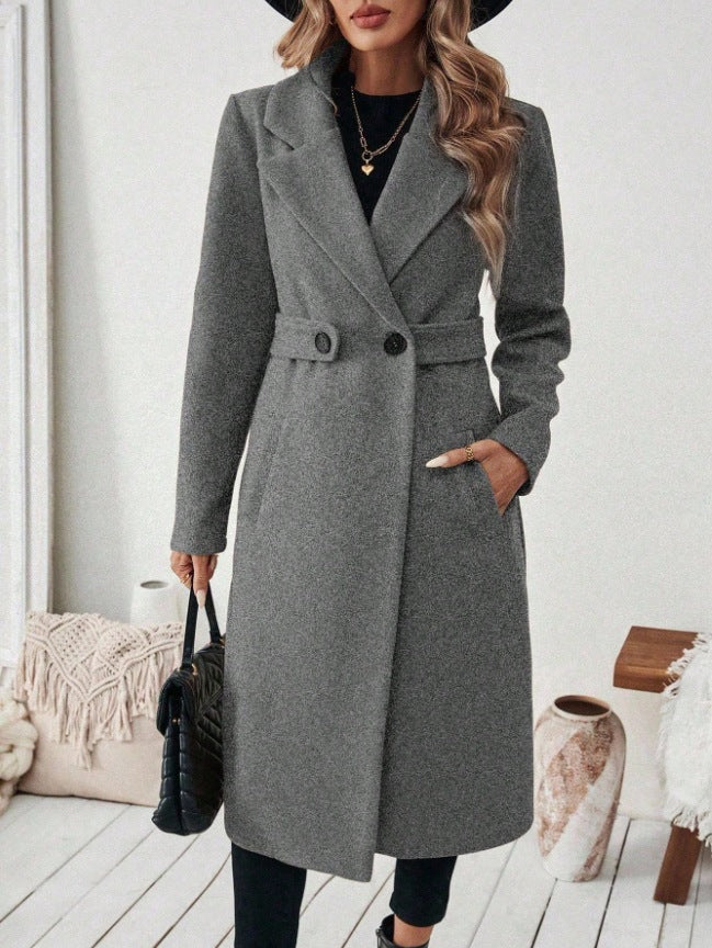 Womens Solid-color Wool Coat With A Lapel And Double-breasted Design