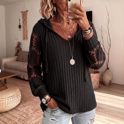 Women V Neck Hooded Sweatshirt Ribbed Knit Floral Lace Splicing Long Sleeve Drawstring Casual Pullover Tops