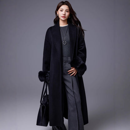 Thickened Coat With Fox-fur Sleeves Womens Belted Wool Blend