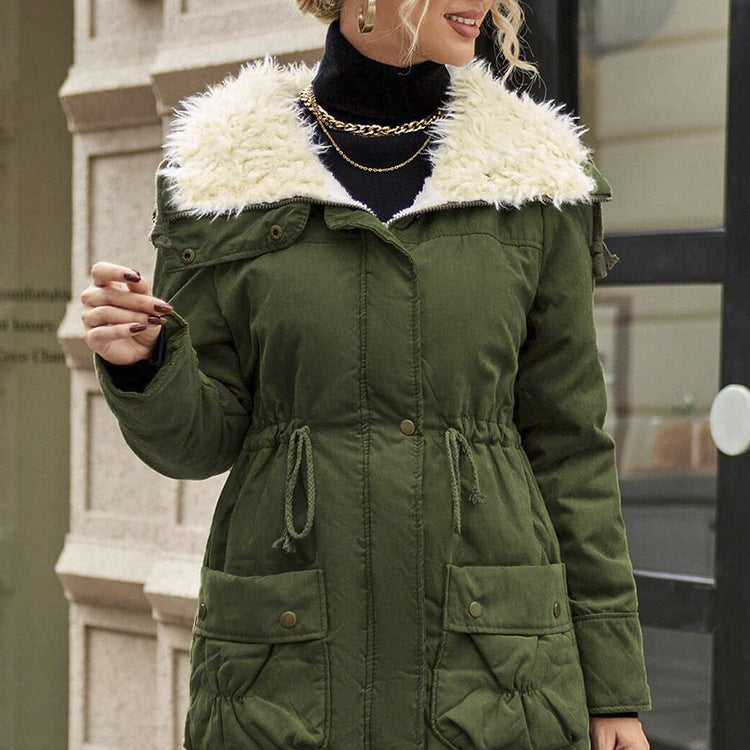 Womens Casual Hooded Long-sleeve Mid-length Cotton Coat