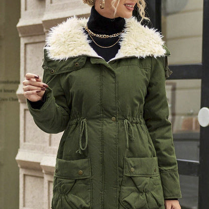 Womens Casual Hooded Long-sleeve Mid-length Cotton Coat