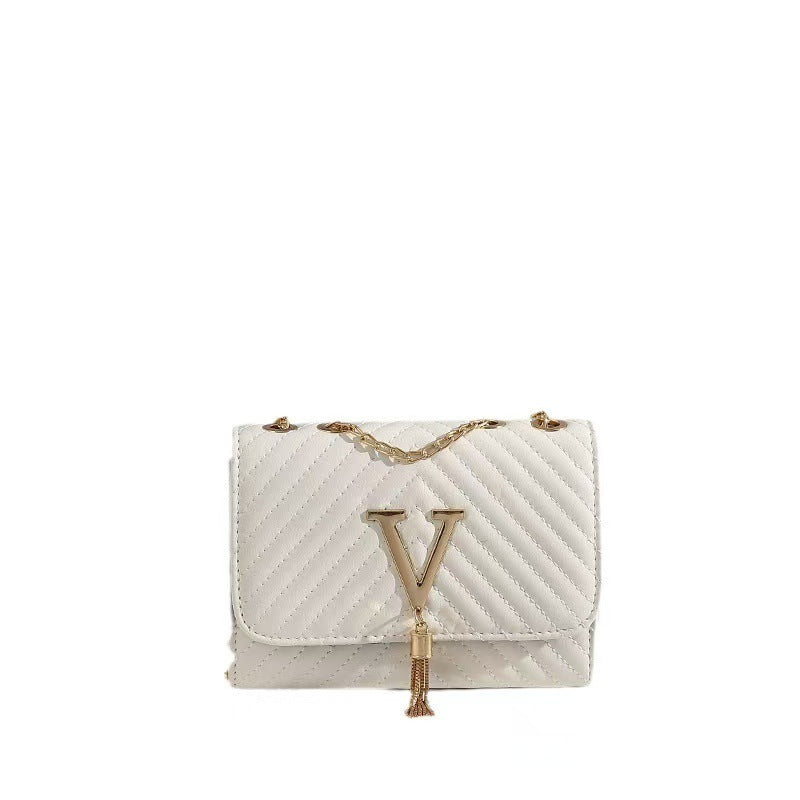 A New Trendy Women's Bag With A Striped Body And Floral Design, A V-shaped Tassel Decorated Crossbody Bag