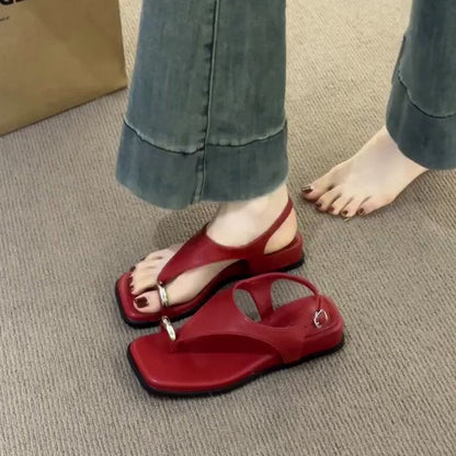 2025 Summer New French Vintage Roman Sandals, Toe Loop Backless Square Toe Wedge Sandals