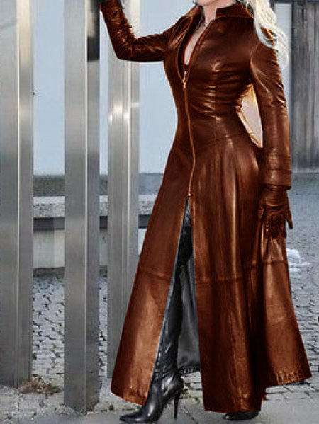 Women's Fashion Long Leather Coat With Stand Collar