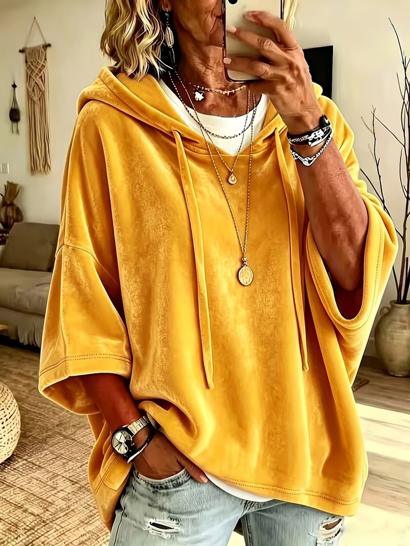 Women Velvet Batwing Short Sleeve Hoodie, Drawstring Loose Casual Solid Color Pullover Tops