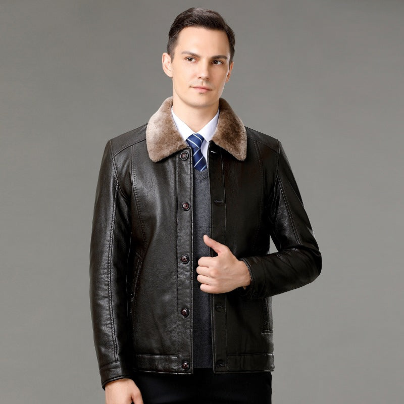 Genuine Leather And Fur One-piece Overcoat With A Lapel Lined With Fleece For Extra Warmth