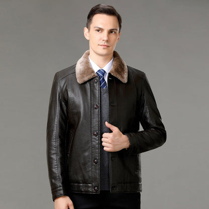 Genuine Leather And Fur One-piece Overcoat With A Lapel Lined With Fleece For Extra Warmth