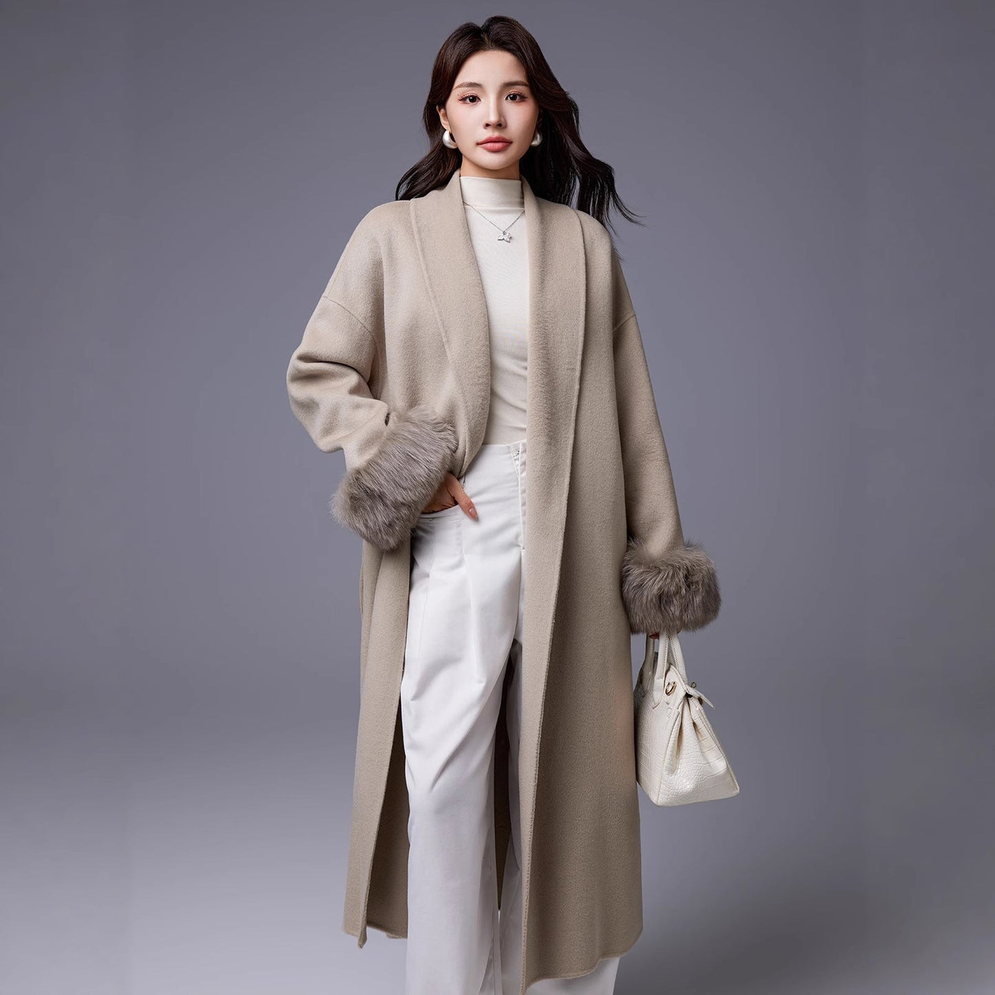 Thickened Coat With Fox-fur Sleeves Womens Belted Wool Blend