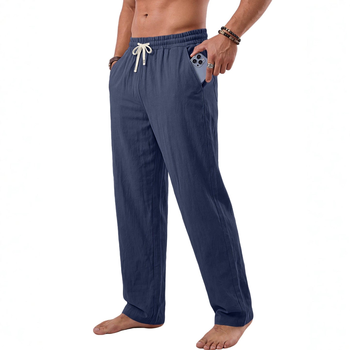 Mens American-style Linen Sand-washed Crinkled Casual Trousers