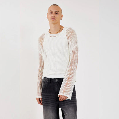 Mens Hollow-out Slightly Sheer Long-sleeve Top