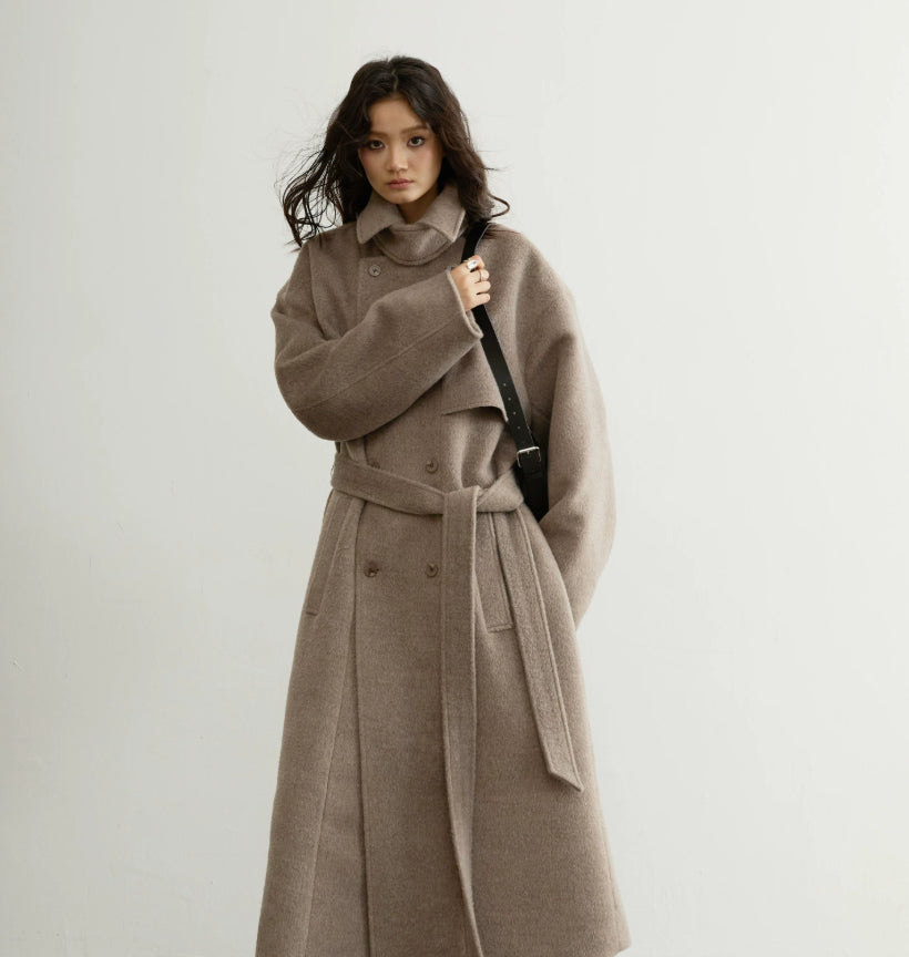 Retro-chic Soft Oat-beige Belted Wool Coat In A Long Silhouette