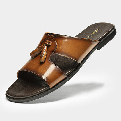Mens Genuine Leather Slippers Made From Full-grain Cowhide