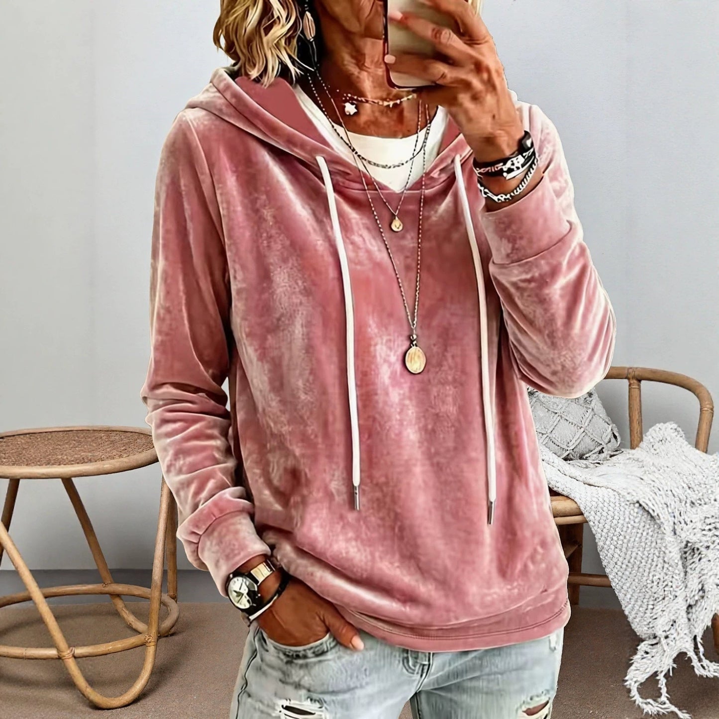 Womens Stylish And Elegant Gold-velvet Hooded Long-sleeve Sweatshirt