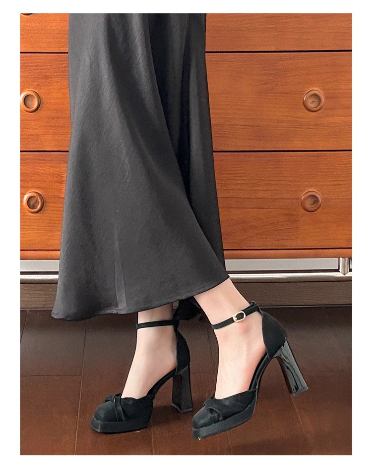 Women Elegant Ruched Square Toe Platform Block Heel Pumps