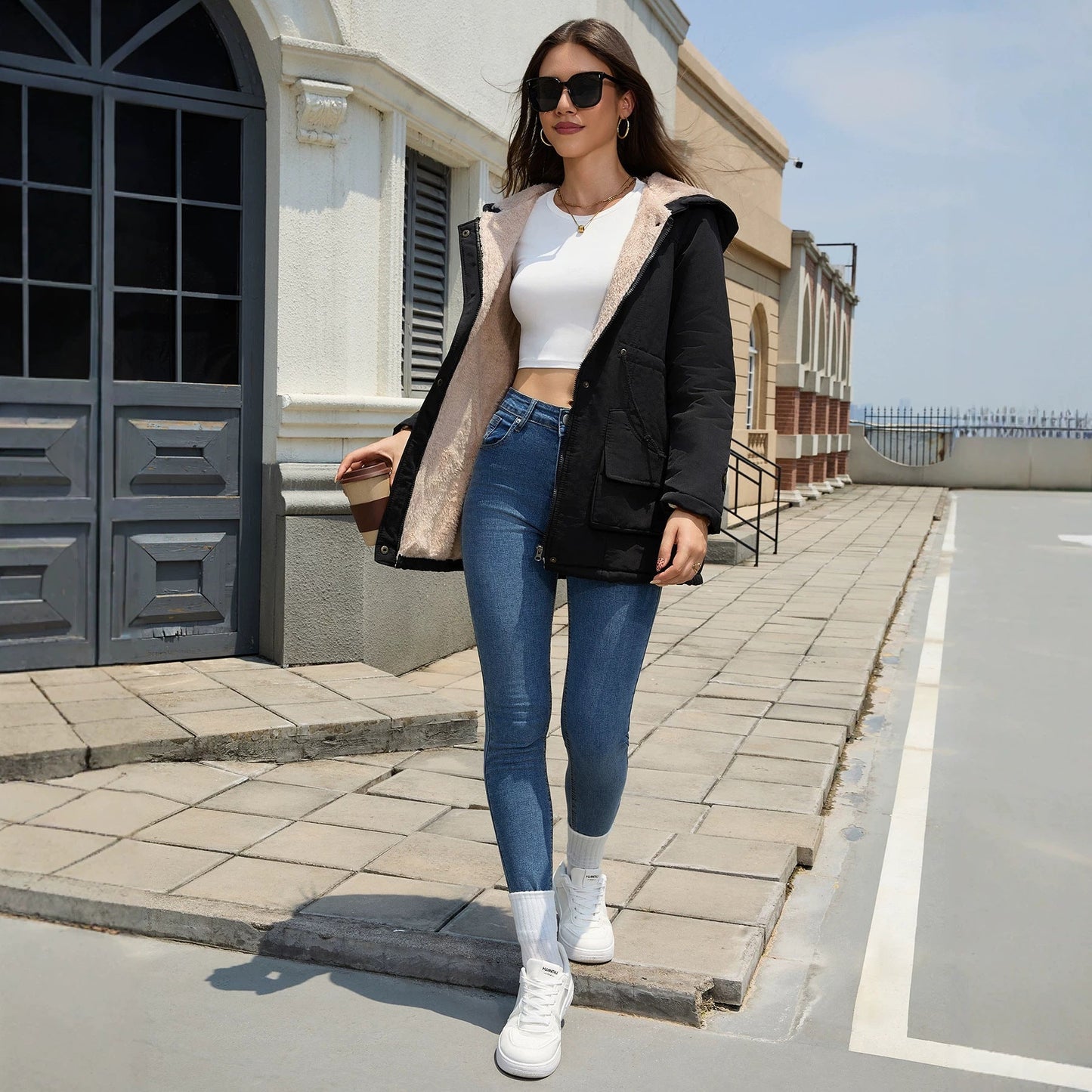 Womens Hooded Mid-length Padded Cotton Coat