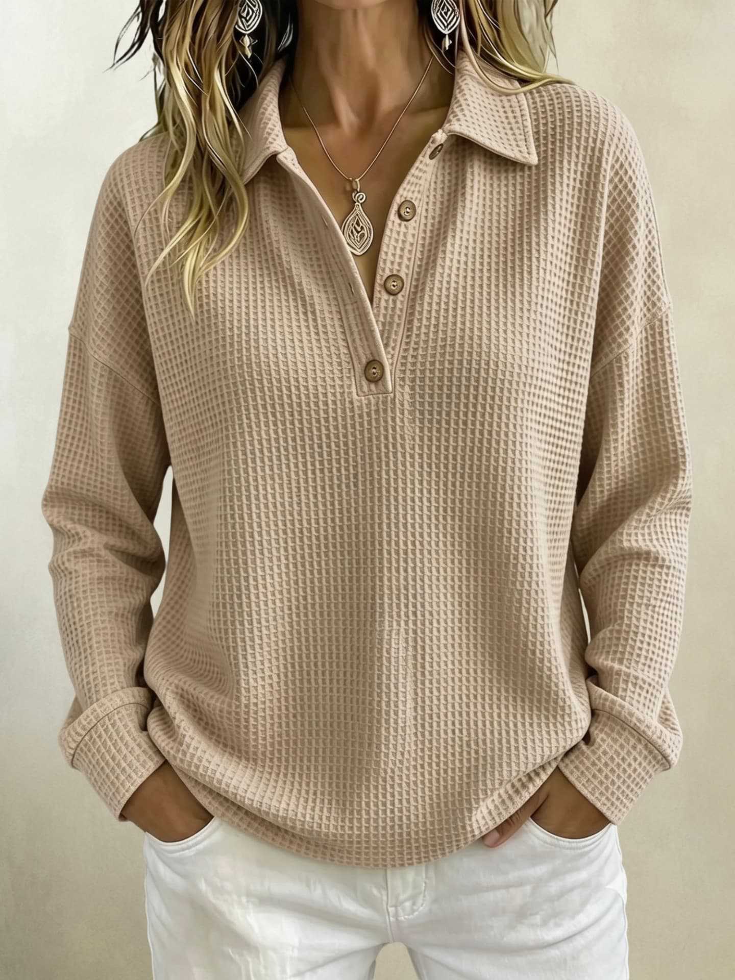 Womens Loose-fitting Long-sleeve Top With A Button-down Collar