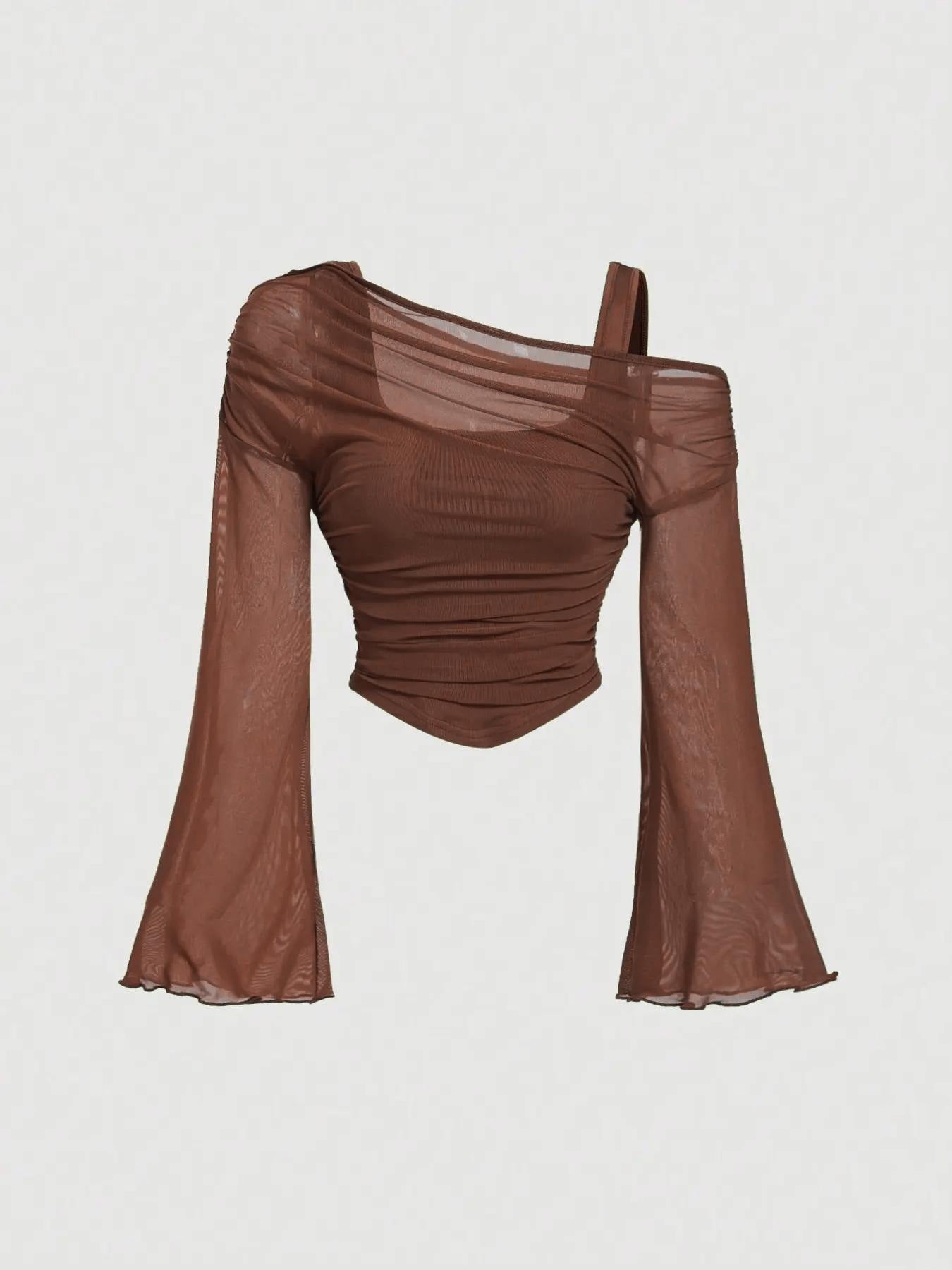 Mesh-Neck Pleated Long-Sleeve T-Shirt Top