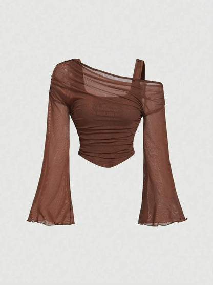 Mesh-Neck Pleated Long-Sleeve T-Shirt Top