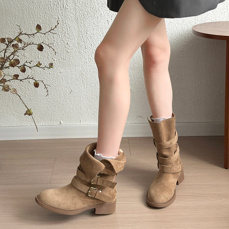 Vintage Belt Buckle Slouchy Boots Women 2026 Fall New Block Heel Mid Calf Western Cowboy Short Boots