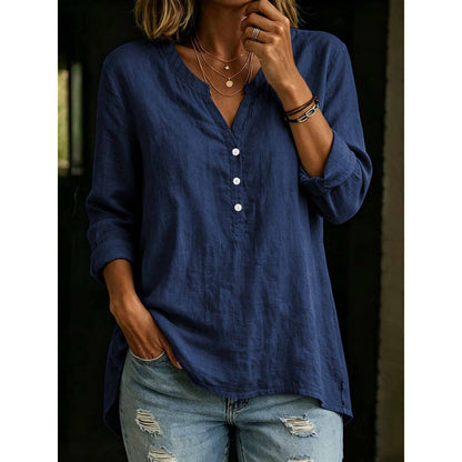Womens Solid-Color Casual Loose-Fit Button-Up Shirt