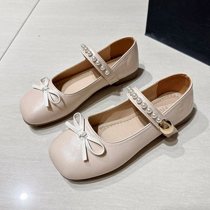 Girls & Women Gentle Style Pearl Mary Jane Flats, Bow Decoration Non Slip Soft Sole Hook And Loop Dress Shoes For Spring Autumn