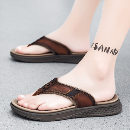 Mens Casual Breathable Full-grain Leather Slippers