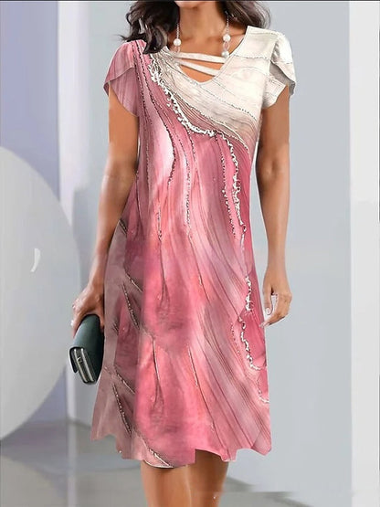 Summer European And American Ladies Casual Fashion V-neck Lace Up Printing Dress