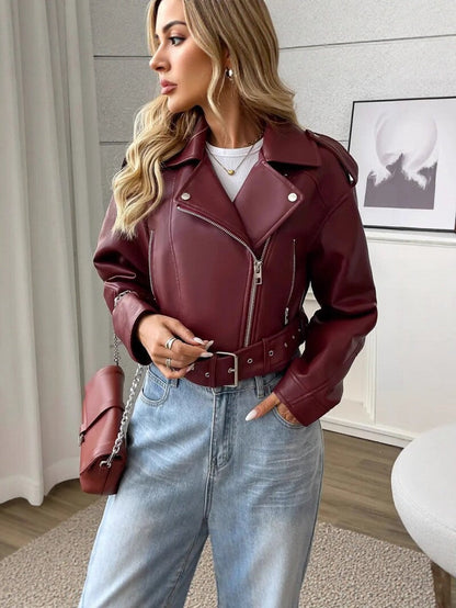 Vintage Lapel Slim-Fit Short PU Leather Jacket Womens Biker Jacket
