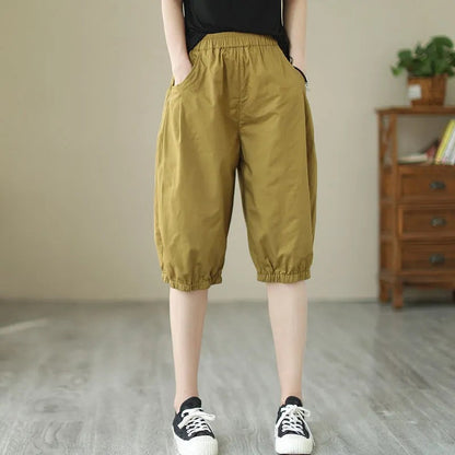 Womens Solid-color Casual Loose-fit Retro Shorts