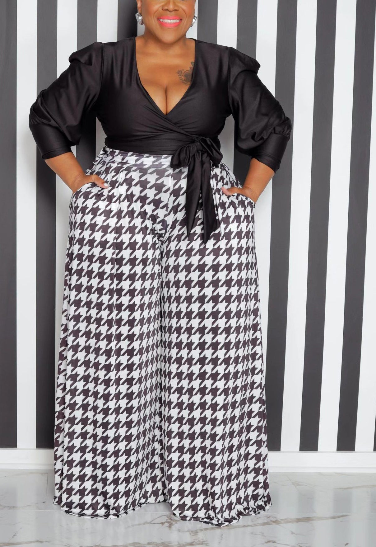 Casual Houndstooth Wide-leg Pants For Women