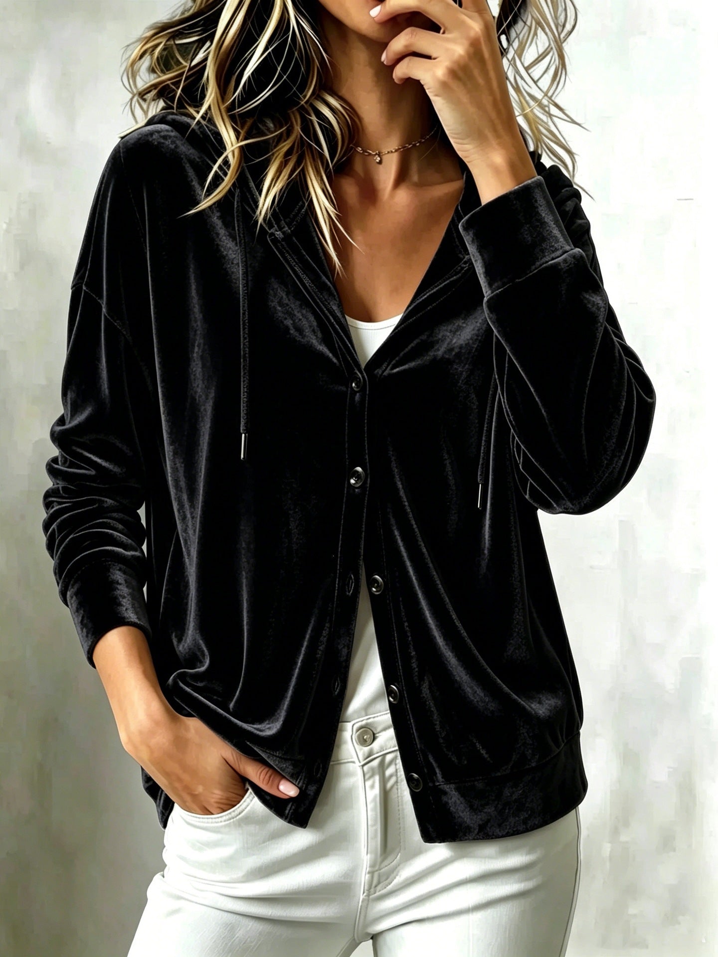 New Arrival European American Style Women Fall Winter Hooded Solid Color Long Sleeve Loose Button Down Cardigan