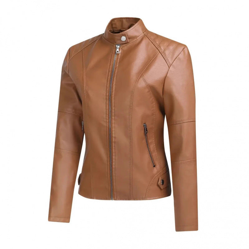 Womens Fashionable Short Washed-leather Zip-up Jacket