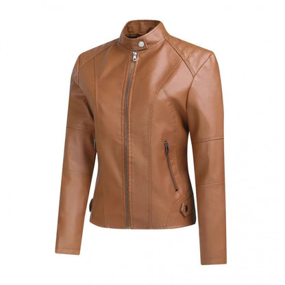 Womens Fashionable Short Washed-leather Zip-up Jacket