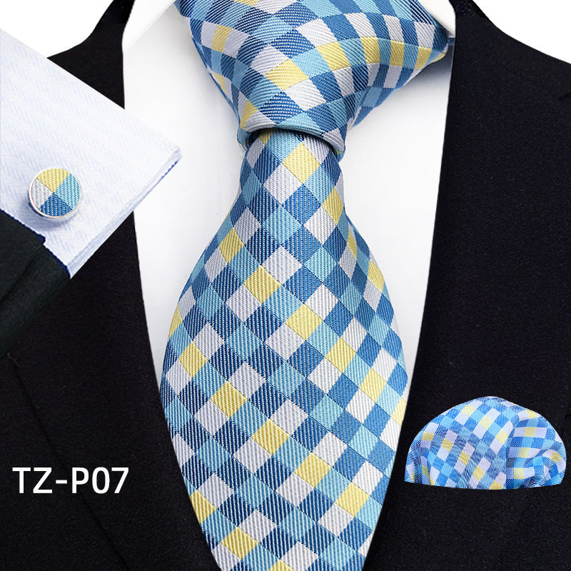 Mens Plaid Formal Tie Pocket Square And Cufflinks Three-Piece Set