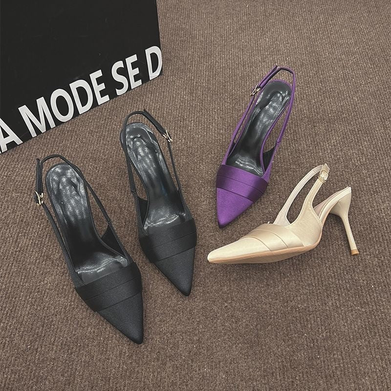 Women Elegant Lustrous Satin Slingback Stiletto Pumps, Pointed Toe Single Wide Thin Rear Strap Metal Buckle High Heel Prom Evening Banquet Dress Sandals