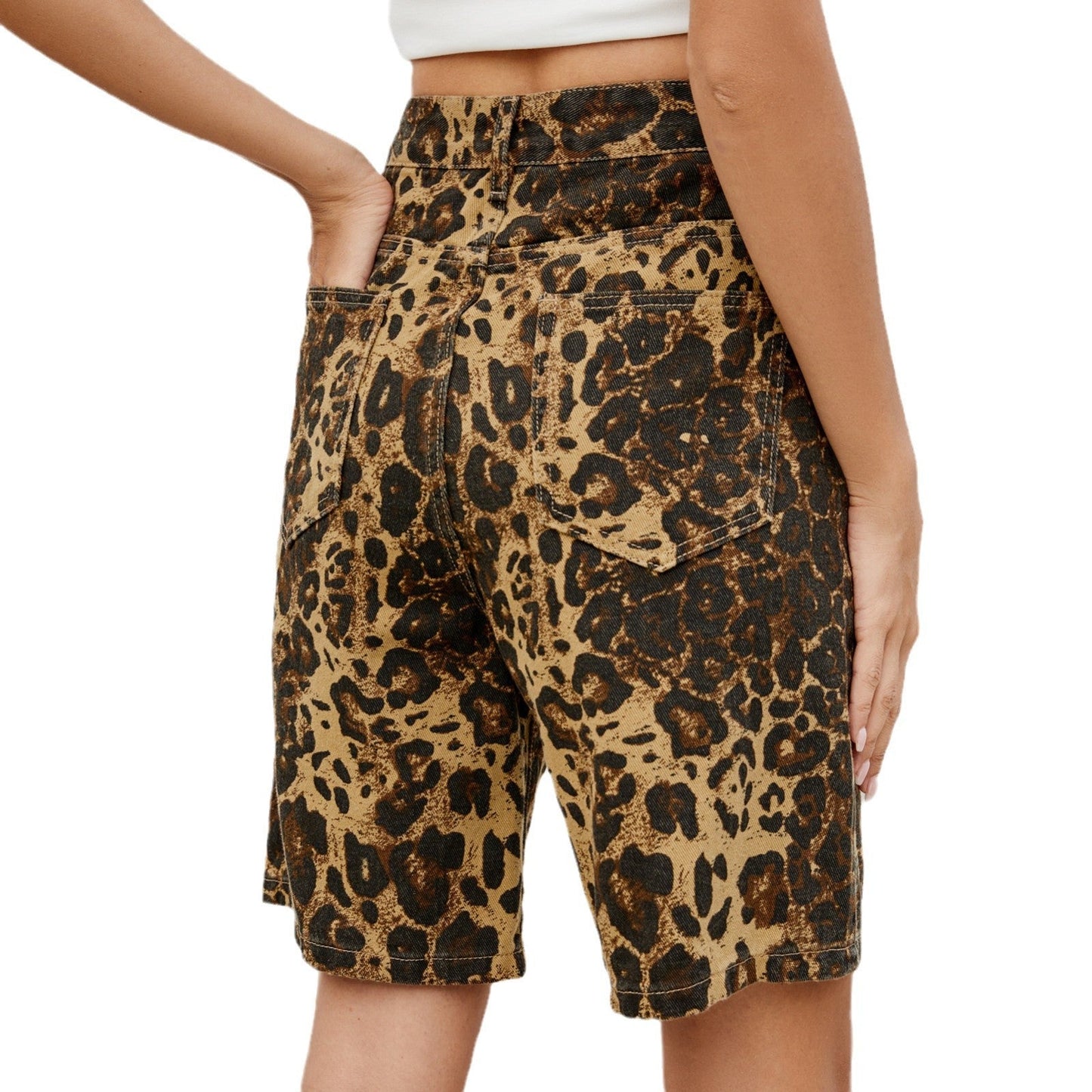 Summer New Washed Casual Retro Leopard-Print Slimming Denim Shorts