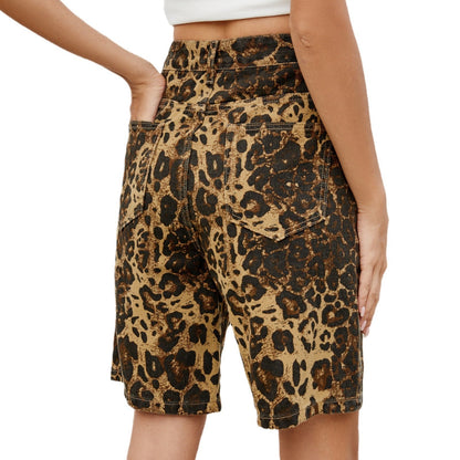 Summer New Washed Casual Retro Leopard-Print Slimming Denim Shorts