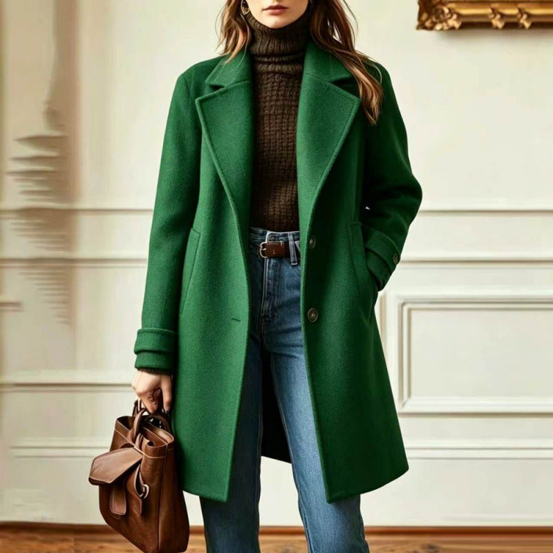 Elegant Midi-length Single-breasted Solid-color Wool Coat With A Lapel