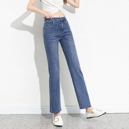 Cigarette-cut Rhinestone-studded Slim Straight-leg Wide-leg Pants