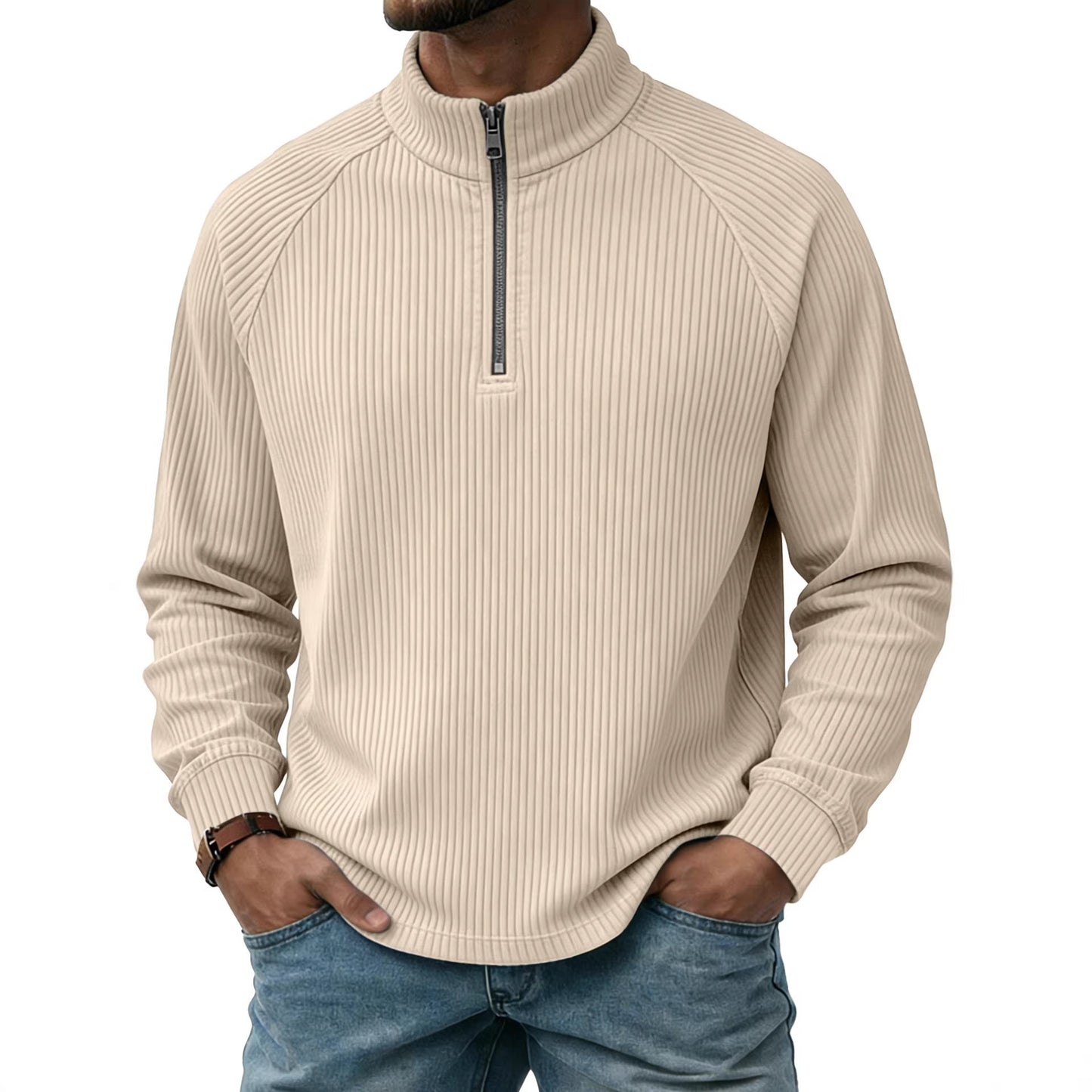 Mens Vertical-Striped Zip-Up Stand-Collar Long-Sleeve Polo Shirt