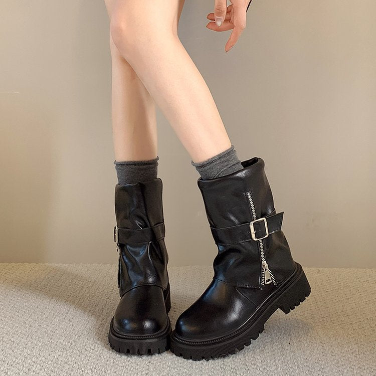 Women's Premium Denim Leather Boots, Wasteland Style Ankle Boots, New Ruched Belt Buckle Slouchy Pants Shaft Comfort Zip Boots