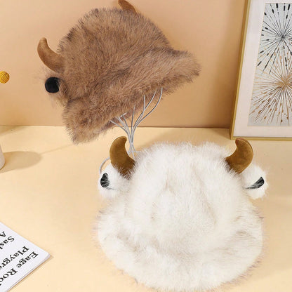 Halloween Cute Cowhorn-shaped Small-ear Plush Fisherman Hat With Stars - Versatile And Thick Outdoor Warm Fleece Hat