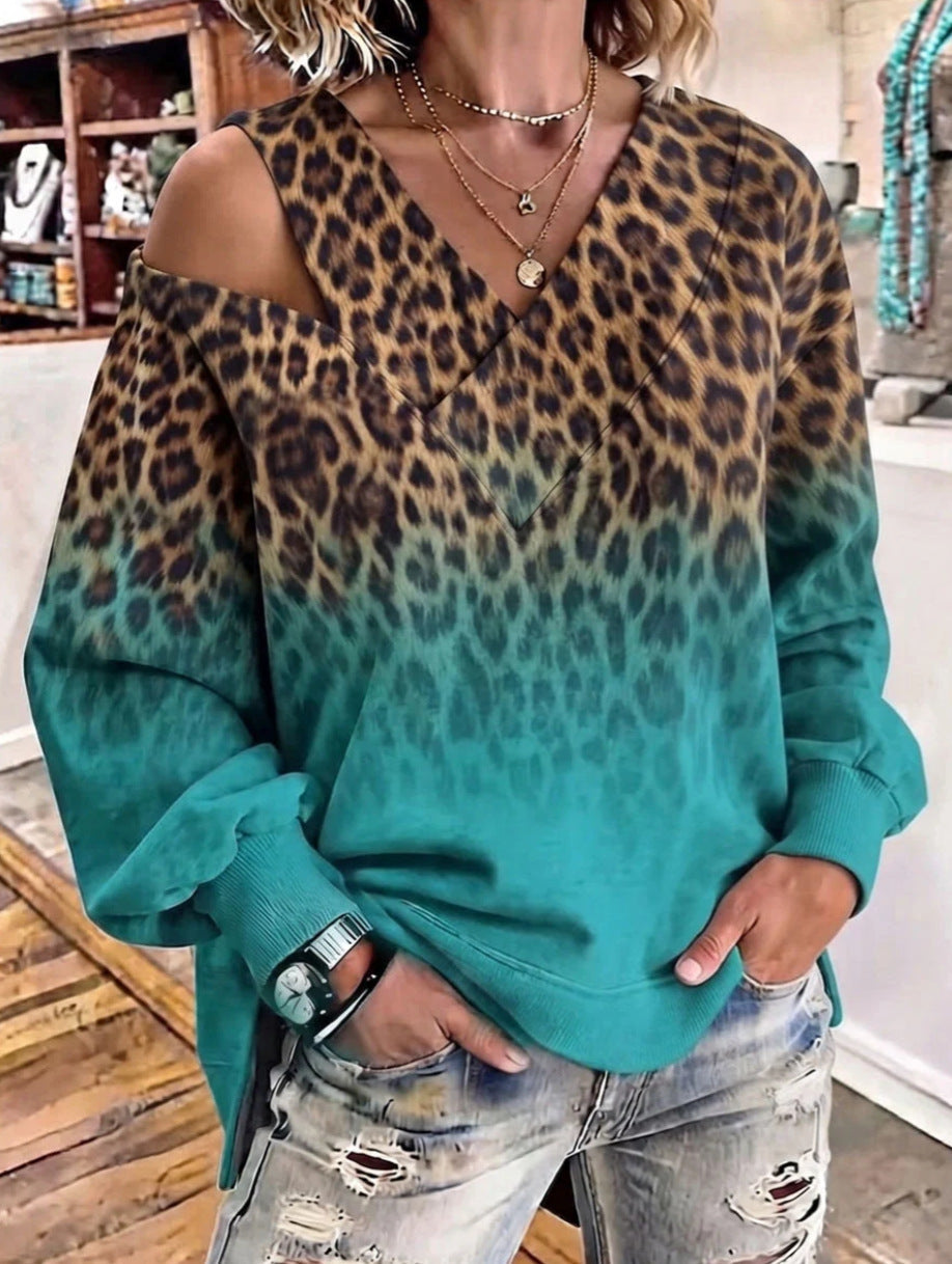 Leopard-Print Gradient Off-Shoulder V-Neck Womens Loose-Fit Long-Sleeve Top