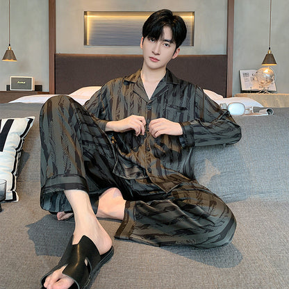 High-grade Ice Silk Men's Pajamas V-neck Thin Trousers Long Sleeve Two-piece Set