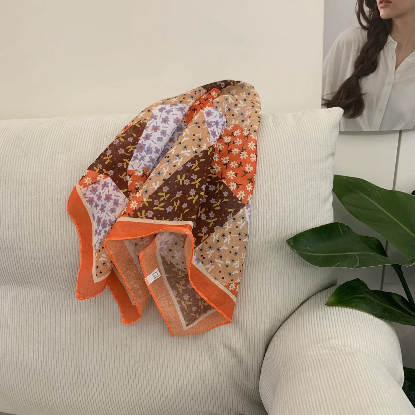 Korean-style Cashew Flower Cotton-Linen Square Scarf For Women