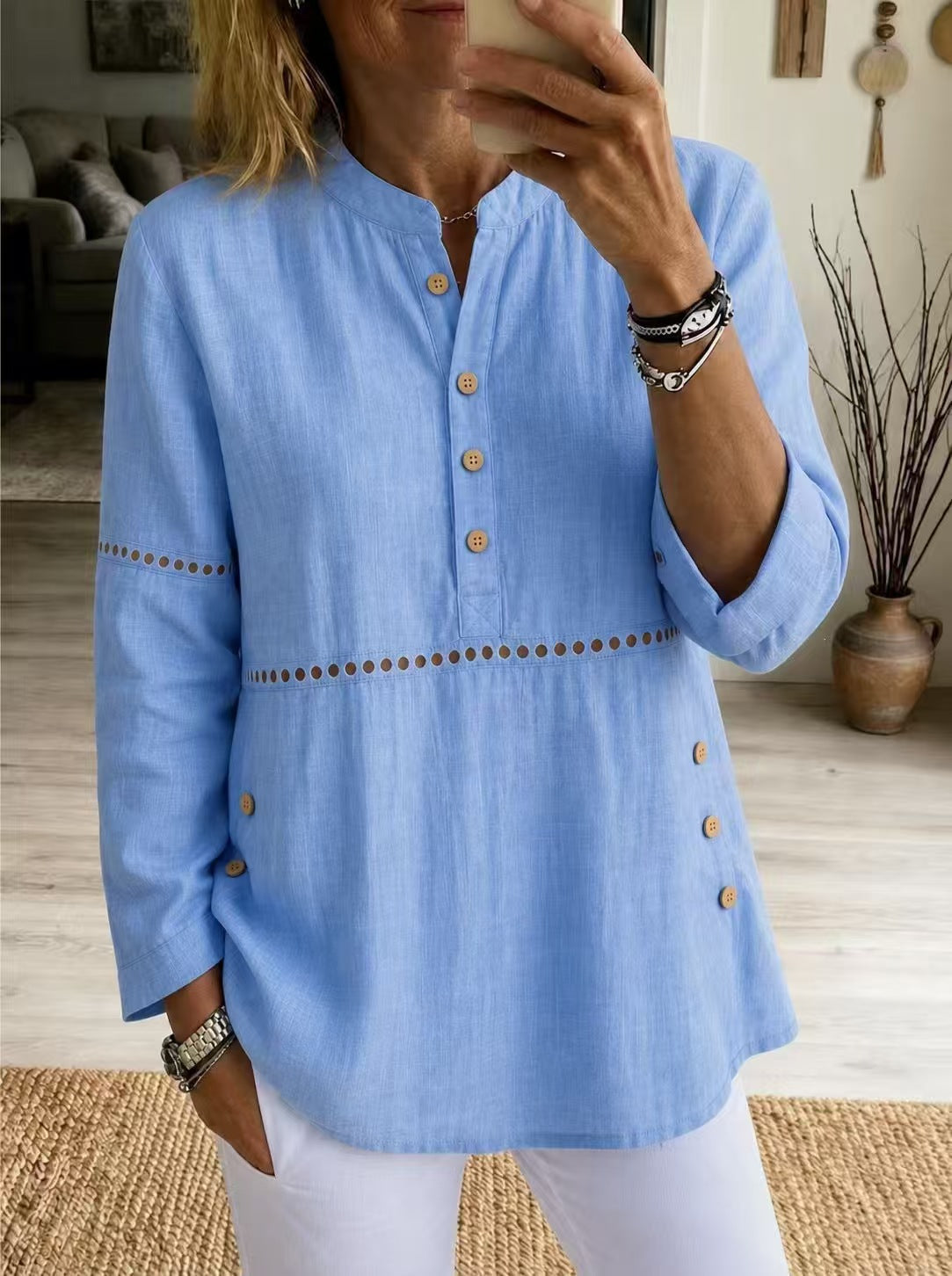 New Autumn And Winter Women's Clothing  Stand-up Collar Half-open Front Long-sleeved Top With Side Button Closure Loose Fit Casual Solid Color