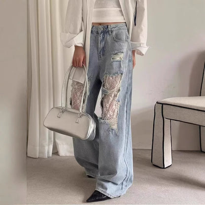 Women's Vintage Lace Stitching Ripped Jeans